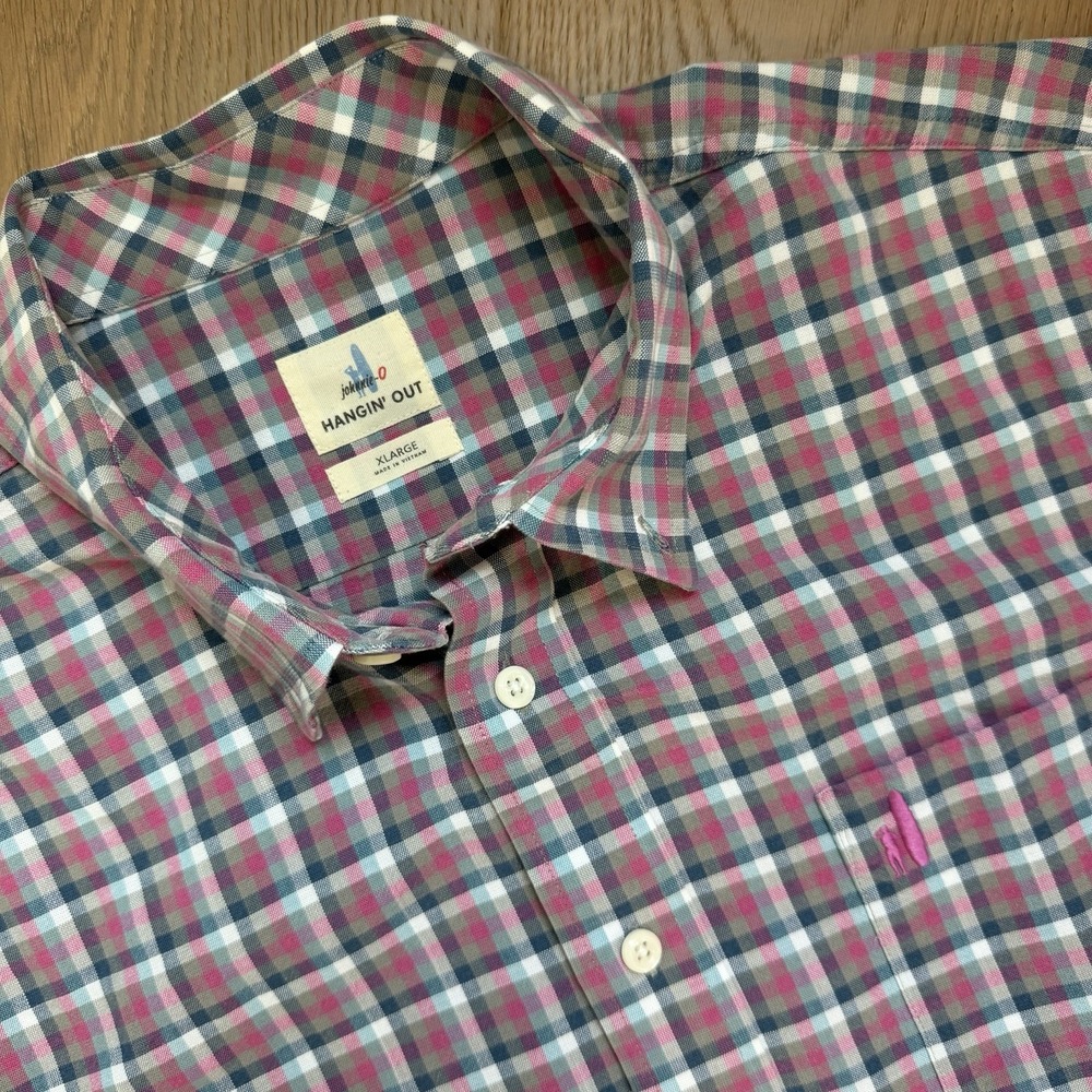 Johnnie-O Hangin' Out Men's XL Long Sleeve Button Down Shirt Pink White Check